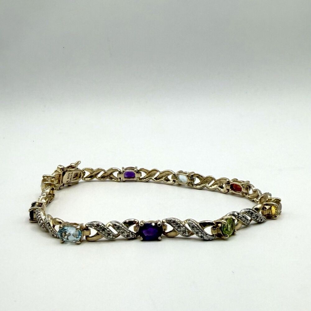 925 Sterling Silver Vermeil Multi Gemstone Bracelet Amethyst Citrine Peridot 8"